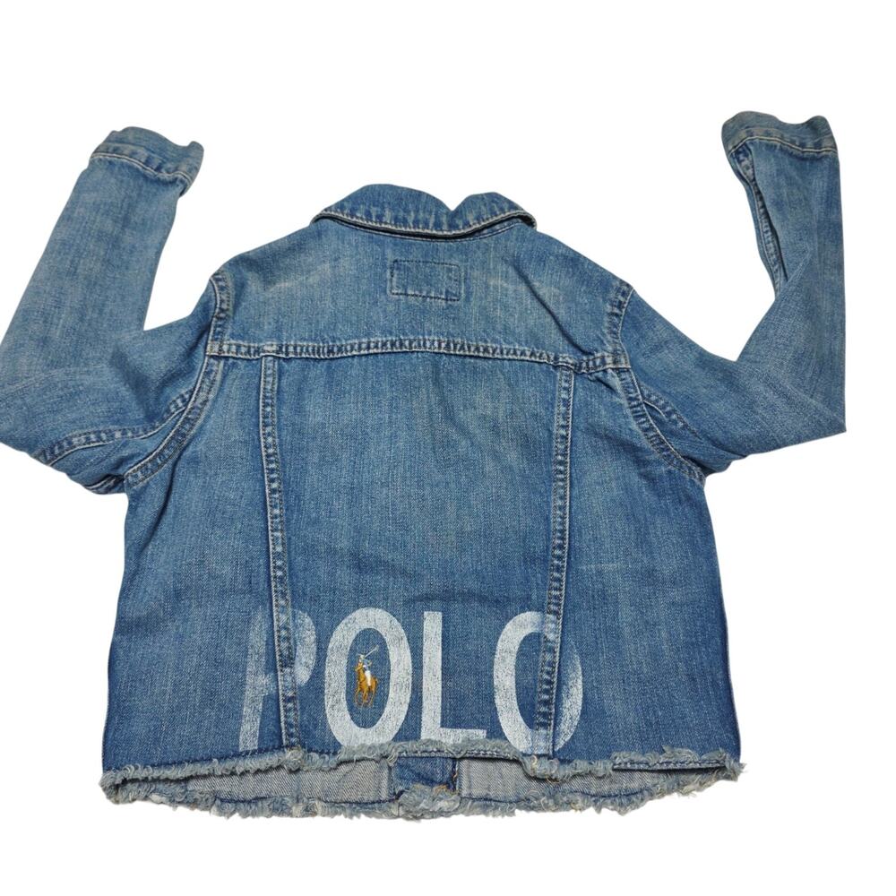 VTG Y2K Polo Ralph Lauren Youth Blue Denim Jacket Size 10 Raw Hem Printed Logo